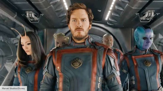 Chris Pratt, Pom Klementieff, Karen Gillan, Groot, and Dave Bautista in spacesuits as part of the Guardians of the Galaxy 3 cast