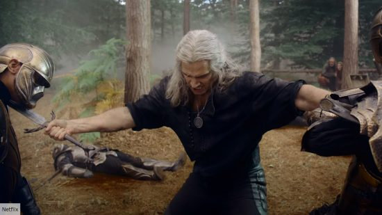 Henry Cavill as Geralt in the witcher fighting