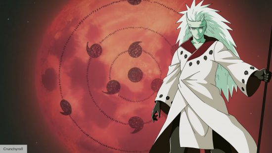 The Infinite Tsukuyomi explained: Madraa stands in front of a blood red moon