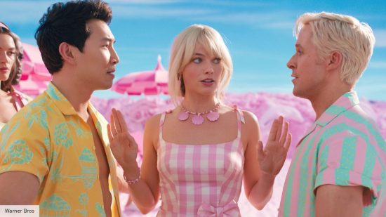 Simu Liu and Ryan Gosling as Ken and Margot Robbie as Barbie