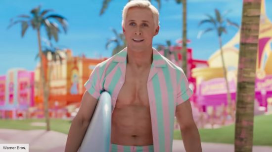 Barbie movie: Ryan Gosling as Ken surfing in Barbie