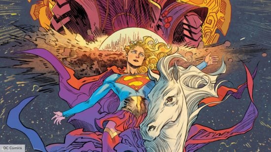 Supergirl Woman of Tomorrow release date: Supergirl in the DC comics riding a Pegasus 