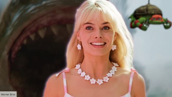 Margot Robbie as Barbie with Meg and TMNT in background