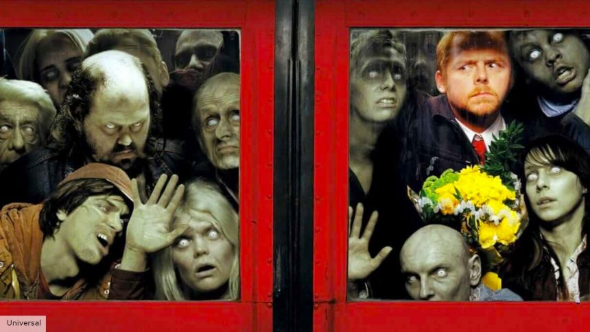 Best zombie movies: zombies pushed up against a train door in Shaun of the Dead