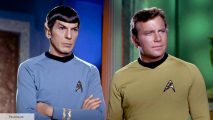 Leonard Nimoy as Spock and William Shatner as Captain Kirk