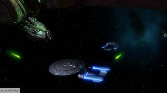 USS Enterprise-D defending C against Klingons Star Trek TNG Yesterday's Enterprise