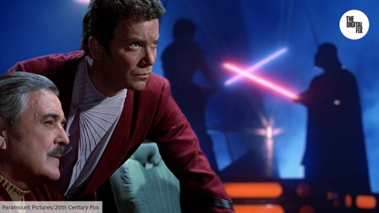 William Shatner as Kirk, watching Luke and Vader duel