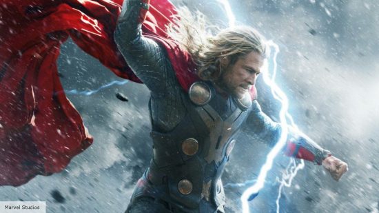 Thor movies in order: THor (CHris Hemsworth) wields Mjolnir