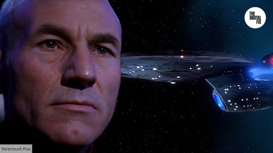 Captain Picard in Yesterday's Enterprise in front of USS Enterprise-C