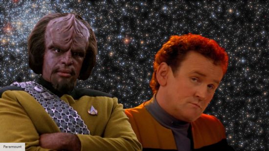 Michael Dorn as Worf, and Colm Meaney as O'Brien in Star Trek The Next Generation