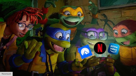 Leonardo, Raphael, Donatello, Michaelangelo, and April in Teenage Mutant Ninja Turtles Mutant Mayhem