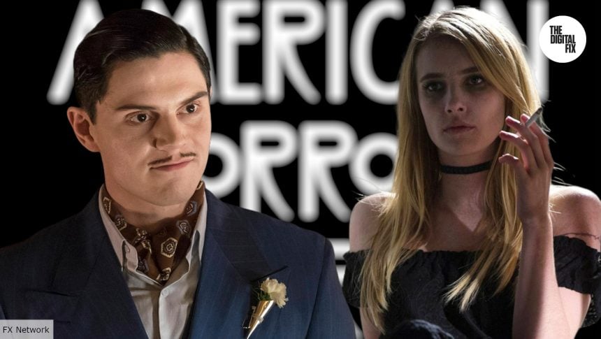 Evan Peters and Emma Roberts against American Horror Story logo in background