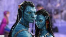 Sam Worthington in Avatar over a scene from Frozen