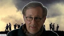 Steven Spielberg in front of the Band of Brothers poster, now streaming on Netflix