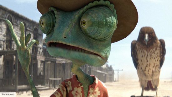 Best anaimated movies: Rango looking concerned with a hawk in the background in Rango