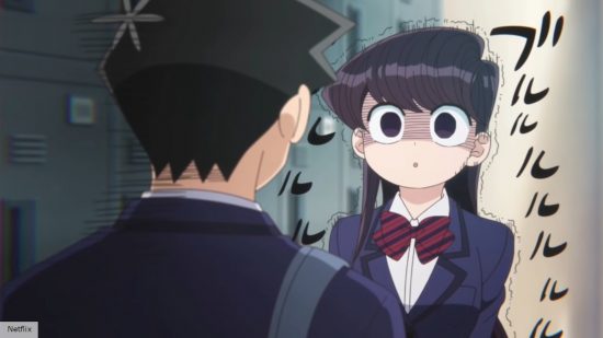 Best Netflix anime: Komi shaking with nerves in front of Tadano in Komi Can't Communicate 