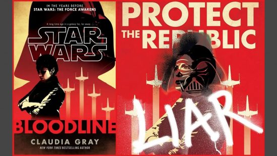 Best Star Wars novels: Bloodline. Image shows the book's cover, which shows Darth Vader artwork covered in graffiti with the word "Liar" scrawled over it.