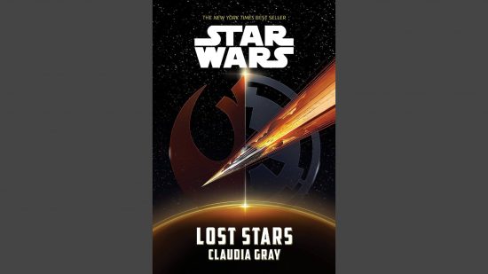 Best Star Wars novels: Lost Stars. Image shows the book's cover, which has a ship flying near a planet.