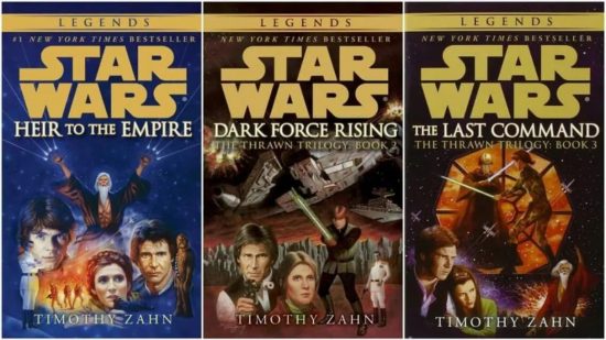 Best Star Wars novels: the Thrawn Trilogy by Timothy Zahn. Image shows the books lined up in a row.