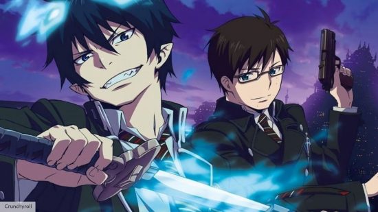 Blue Exorcist season 3 release date: Rin and Yukio from the Blue Exorcist anime smiling while holding weapons