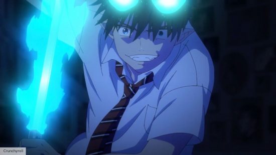 Blue Exorcist season 3 release date: Rin with his powers activated smiling in the dark during a fight 