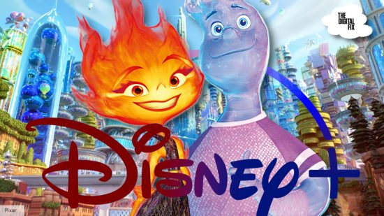 Wade and Ember stand in element city in Elemental which is now on Disney Plus