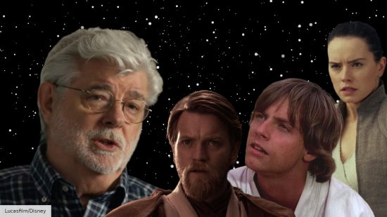 George Lucas with Obi-Wan Kenobi, Luke Skywalker, and Rey from Star Wars