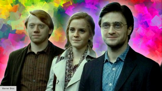 Rupert Grint as Ron Weasley, Emma Watson as Hermione Granger, and Daniel Radcliffe as Harry Potter in The Deathly Hallows part 2