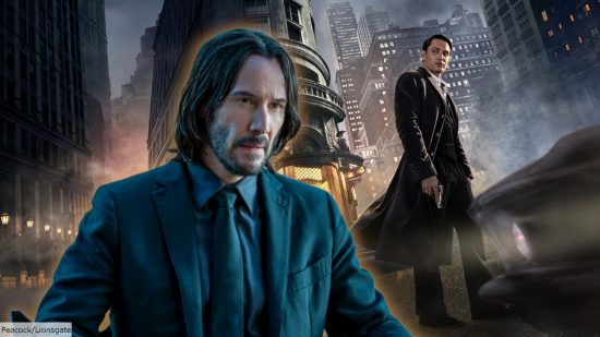 Keanu Reeves as John Wick in front of The Continental poster