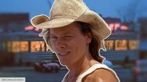 Kevin Bacon in Tremors over an image of the film Diner