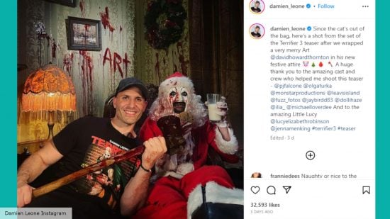 Art the Clown and Damien Leone relax on the set of Terrifier 3