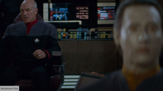 Picard and Data in Star Trek First Contact on Enterprise bridge