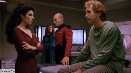 Tam Elbrun in TNG episode Tin Man talking to Troi and Picard