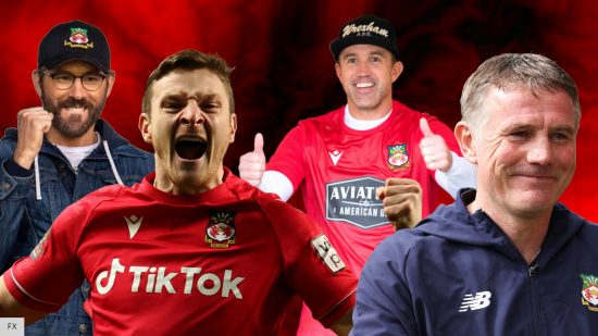 Ryan Reynolds, Paul Mullin, Rob McElhenney, and Phil Parkinson from Welcome to Wrexham