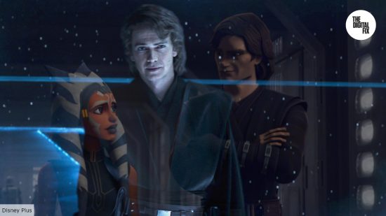Hayden Christensen as Anakin Skywalker in Ahsoka with Anakin and Ahsoka from Clone Wars