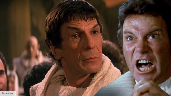 William Shatner in Star Trek: The Wrath of Khan over and Leonard Nimoy in Star Trek: The Search for Spock