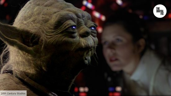 Yoda in Empire Strikes Back with Leia in background