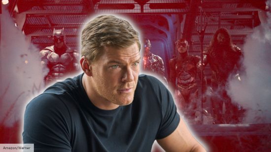 Alan Ritchson as Reacher, with the Justice League in the background