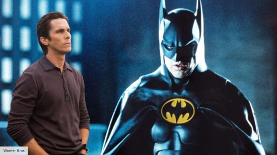 Christian Bale as Bruce Wayne, and Michael Keaton as Batman