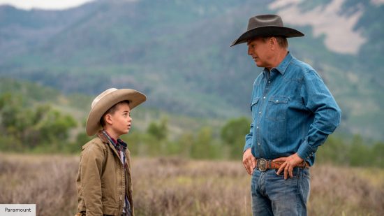 Best John Dutton quotes: Brecken Merrill and Kevin Costner as Tate and John in Yellowstone