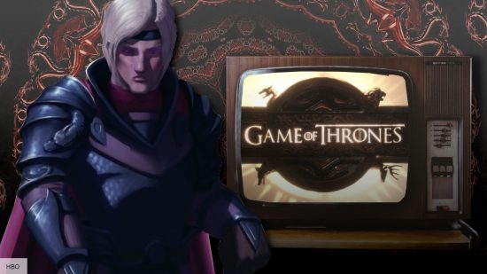 Aegon the Conqueror stands next to Game of Thrones on a TV