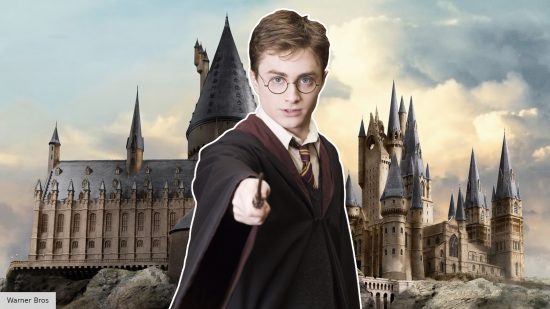 Daniel Radcliffe as Harry Potter in front of Hogwarts