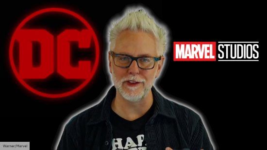 James Gunn alongside the DC and Marvel logos