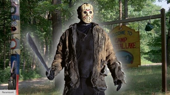 Jason Voorhees in front of a sign for Camp Crystal Lake in the Friday the 13th movies