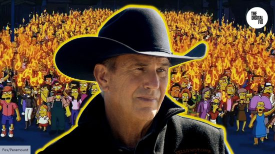 Kevin Costner as John Dutton in Yellowstone, surrounded by an angry mob from The Simpsons