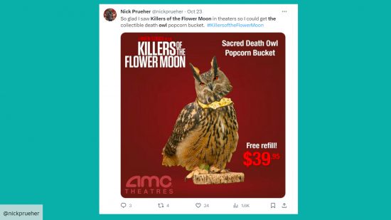 Killers of the Flower Moon: Twitter post of fake owl popcorn bucket
