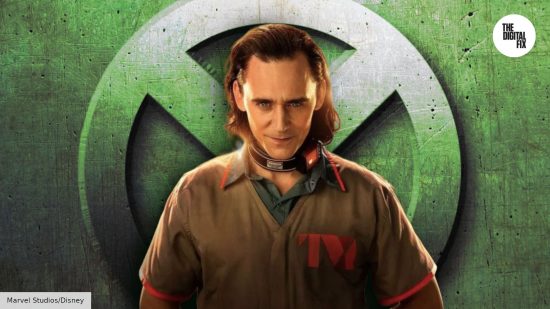 Tom Hiddleston as Loki, against a backdrop of the X-Men logo