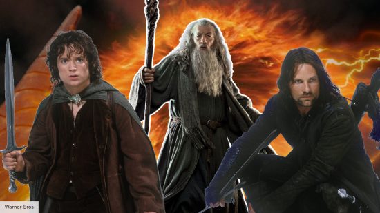 Frodo, Gandalf, and Aragorn in front of Sauron in The Lord of the Rings