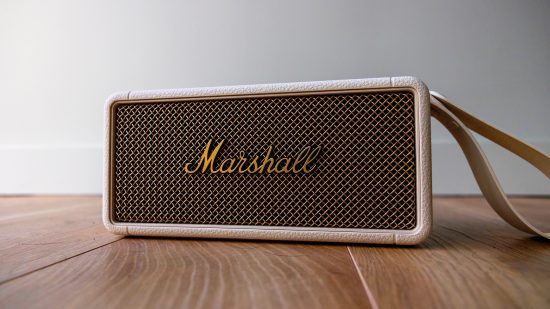 The front view of the Marshall Middleton speaker on a wooden floor