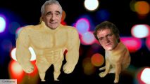 Martin Scorsese and Quentin Tarantino as the buff dog/weak dog meme